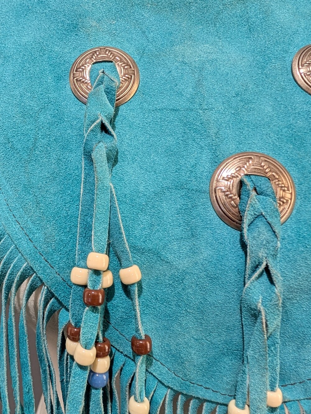 Vintage Steer Brand Teal Suede Fringe Cape with Conchos - Boho Western Statement - Picture 6 of 16